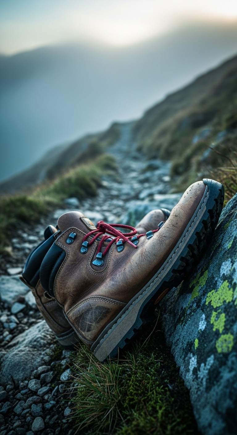 Sepatu gunung di jalur berkabut saat fajar