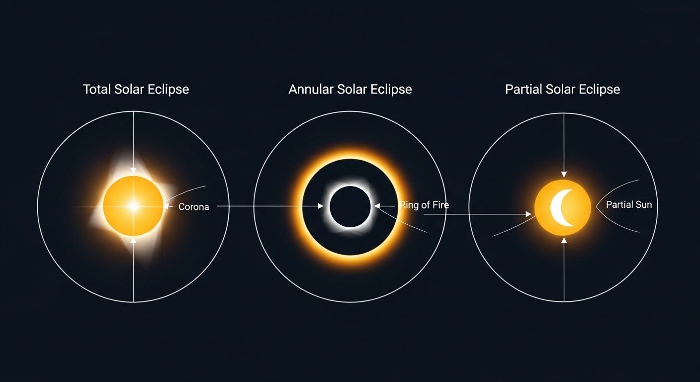Comparación visual de eclipse total, anular y parcial