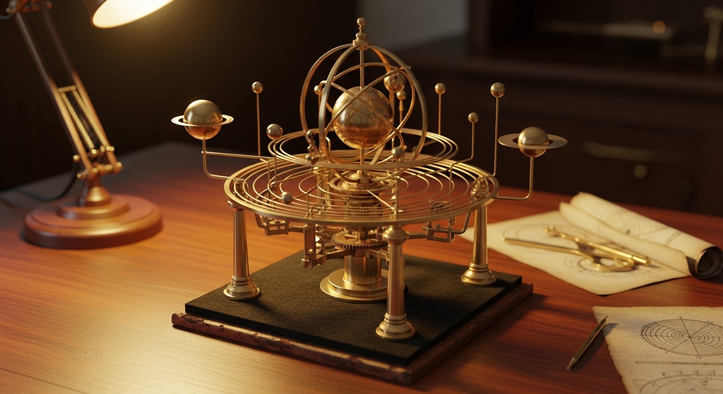 Brass orrery model showing planetary orbital mechanics