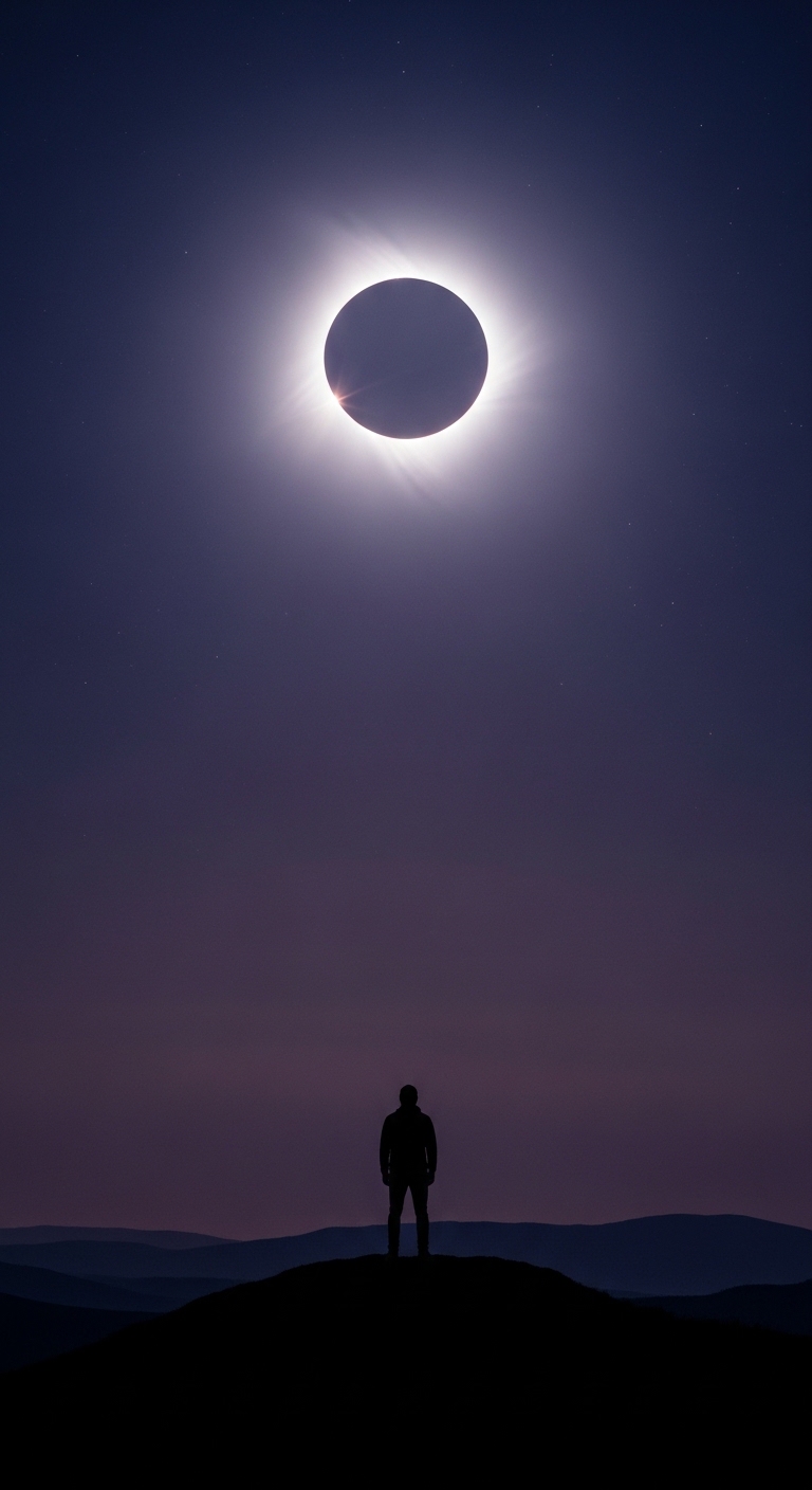 Silueta solitaria observando eclipse solar total al atardecer