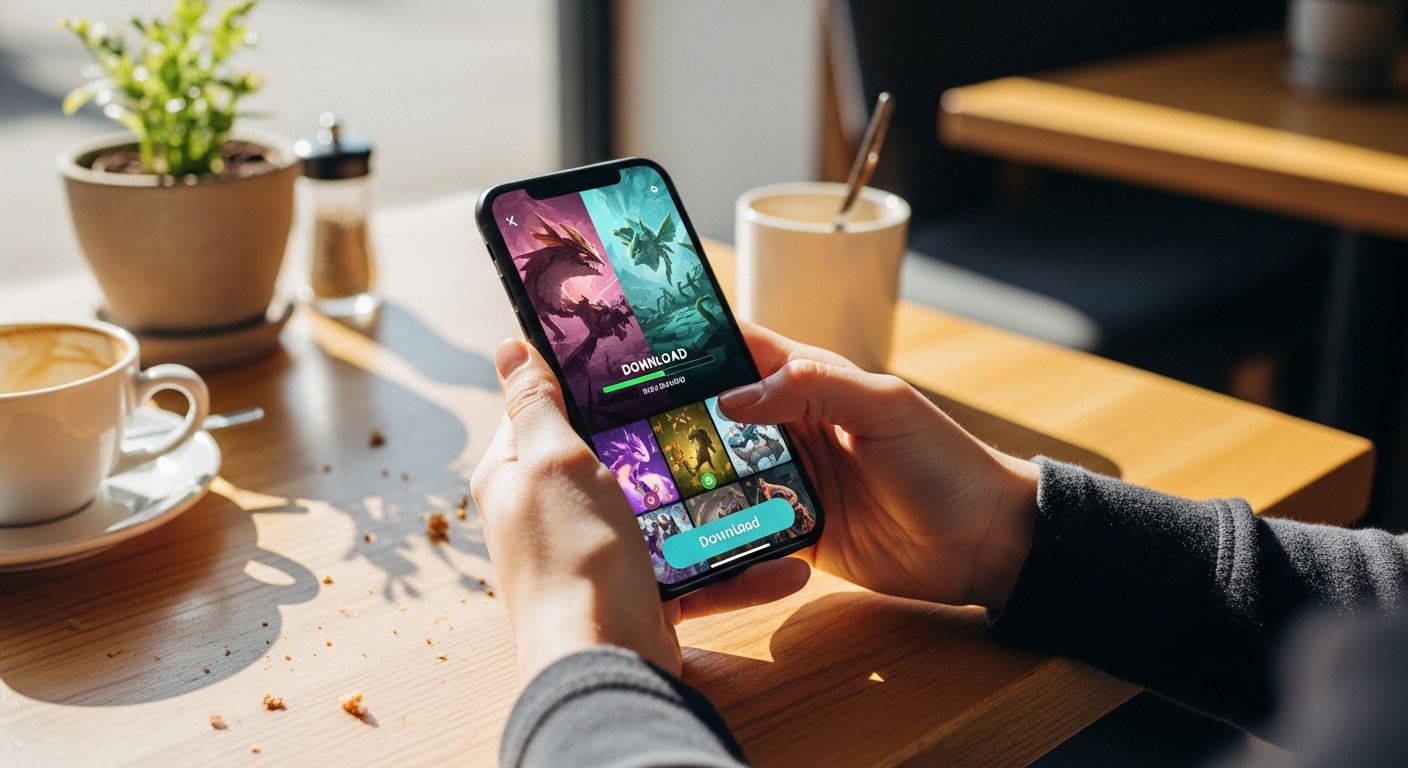 Hands holding smartphone with game download screen