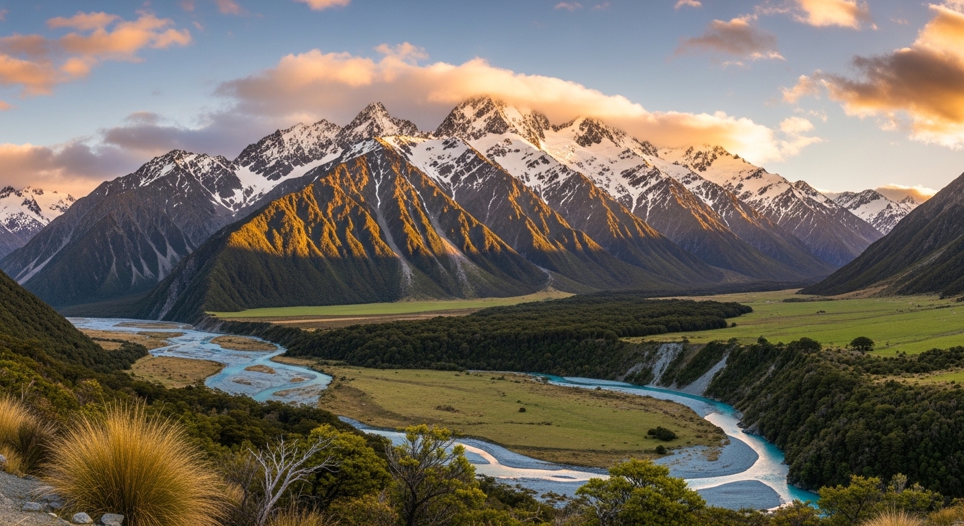 Southern Alps mountain range in New Zealand at golden hour