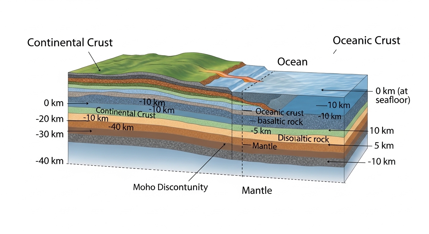 Cross-section diagram comparing continental and oceanic crust thickness
