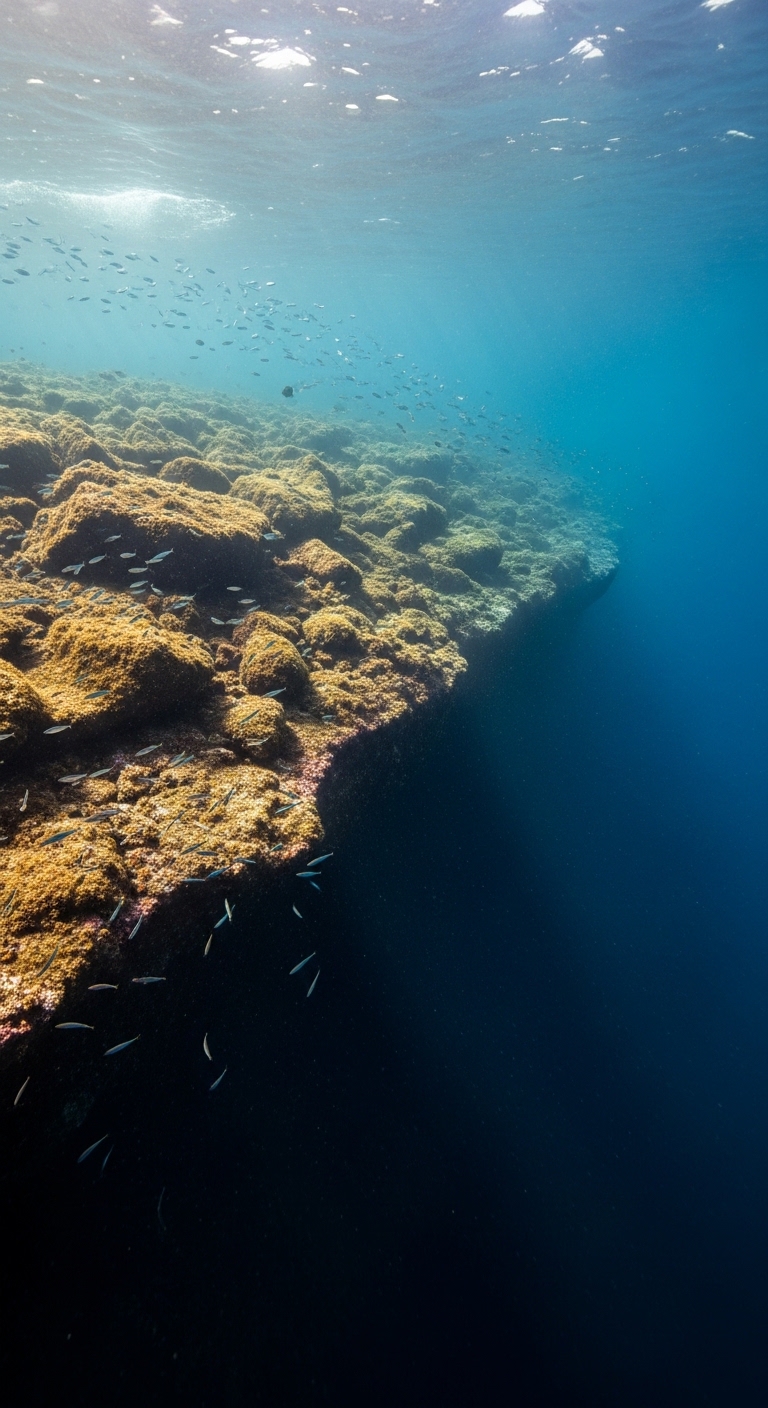 Submerged continental shelf descending into deep ocean darkness