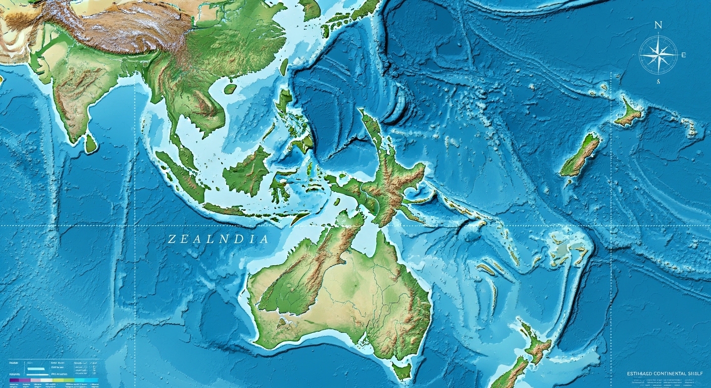 Overhead relief map showing submerged Zealandia continent outline
