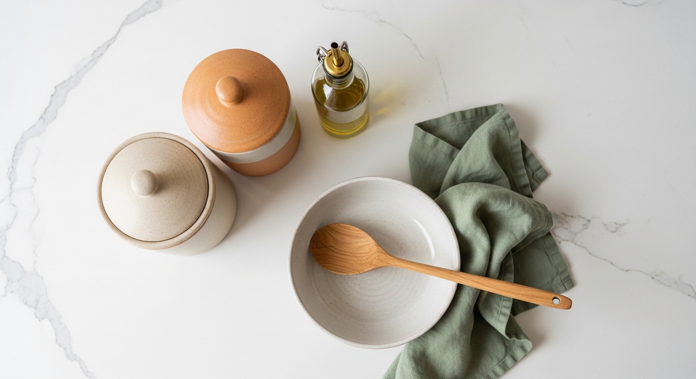 Overhead kitchen counter vignette with stoneware canisters and linen towel