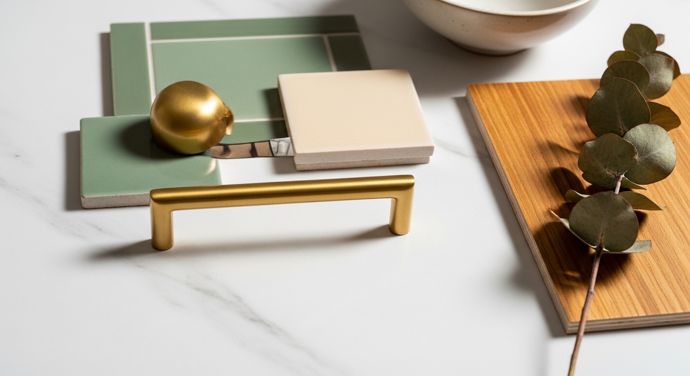 Kitchen mood board with tile samples, brass hardware, and wood swatches