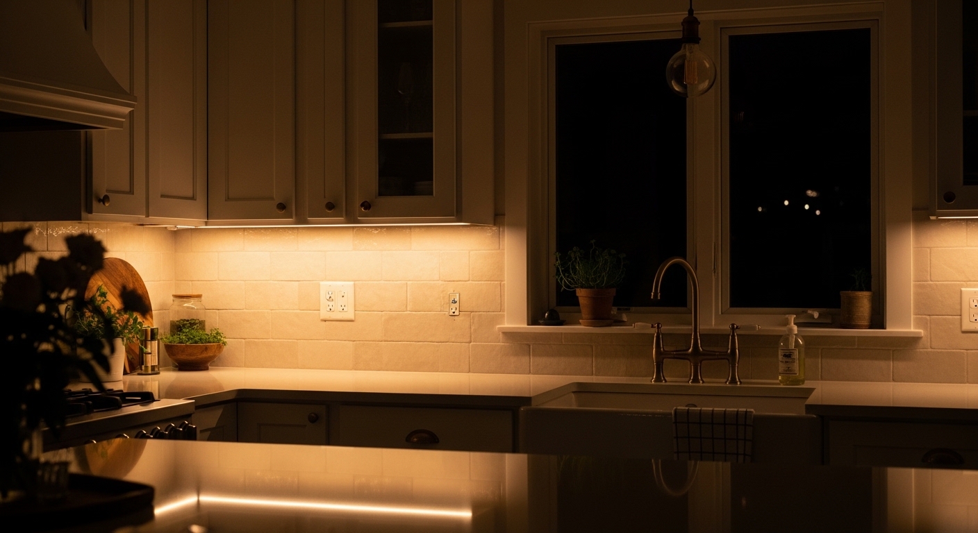 White kitchen at night with warm under-cabinet lighting and brass faucet