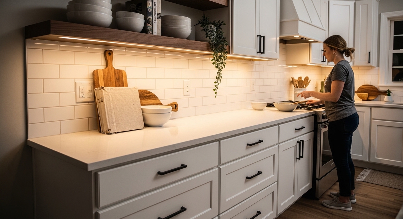White kitchen with matte black hardware and walnut floating shelf