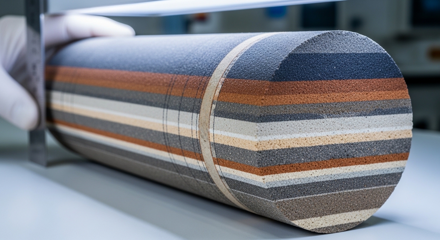 Geological core sample showing sediment layers from ocean drilling