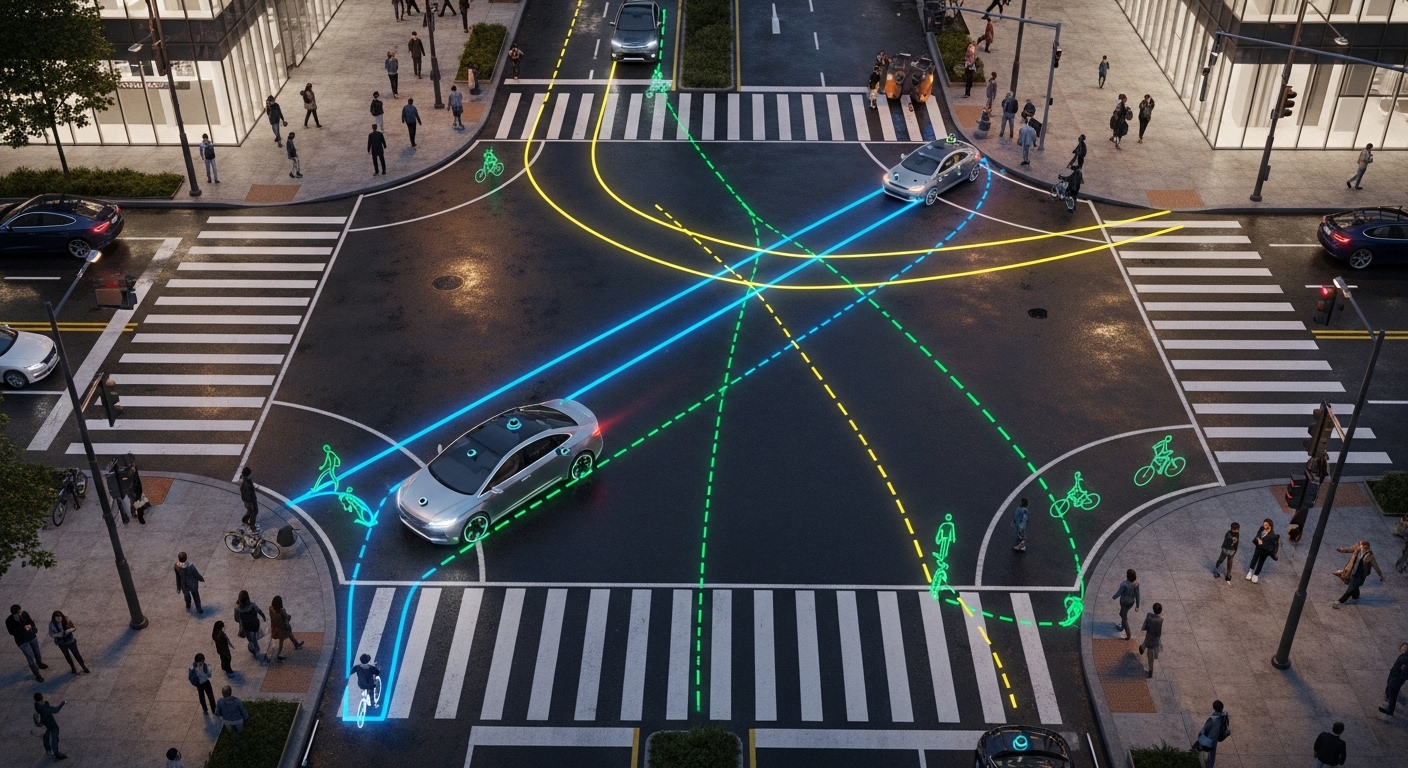Overhead view of autonomous car navigating intersection