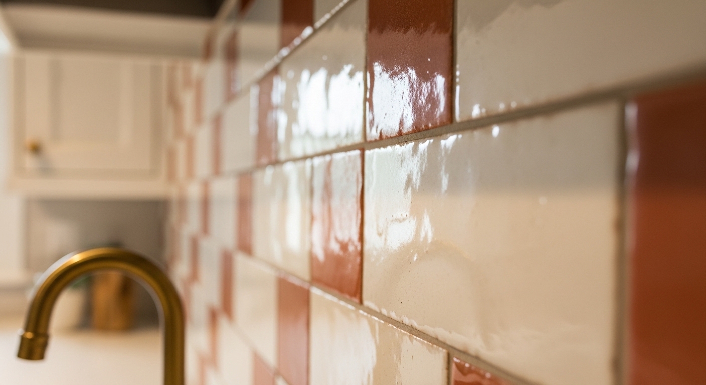 Close-up of zellige tile backsplash with brass cabinet pull detail