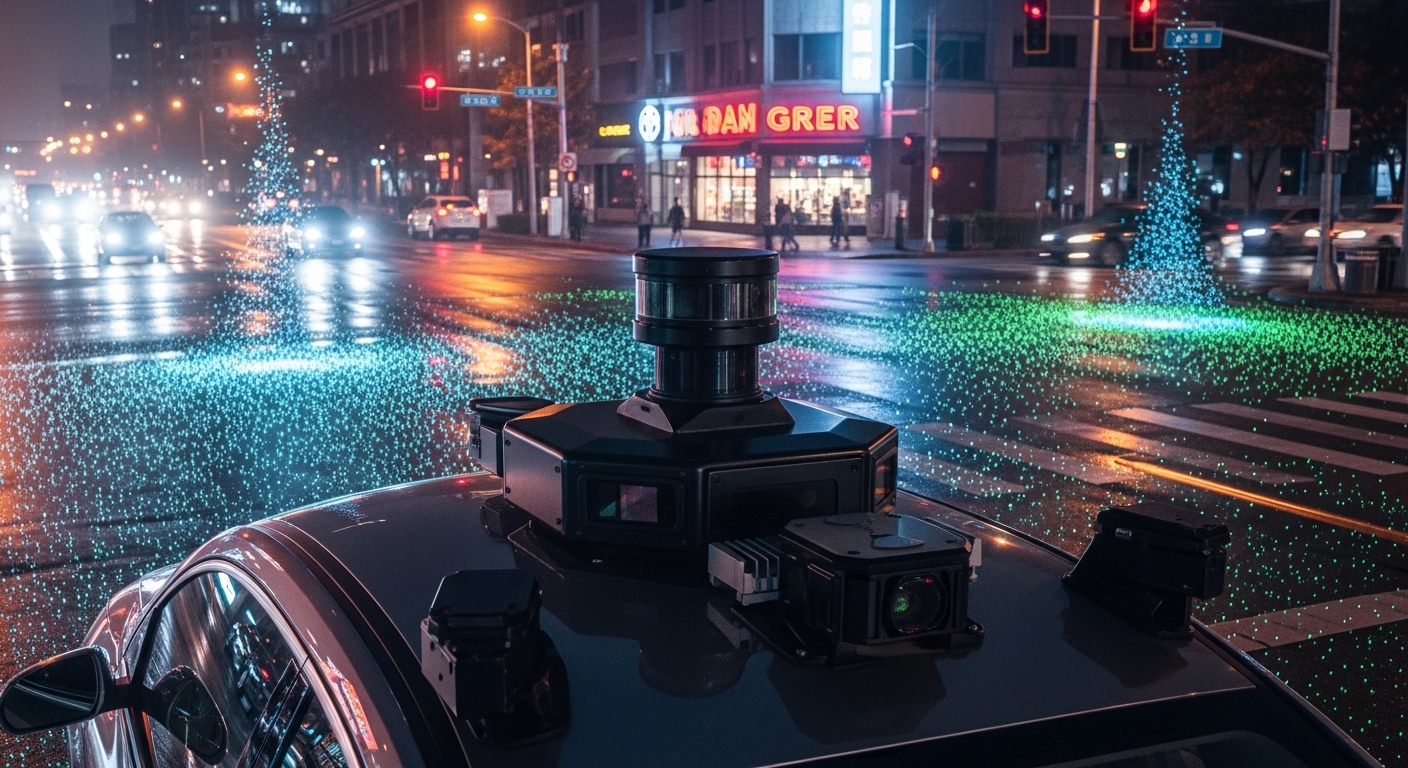LiDAR sensor scanning city intersection at night