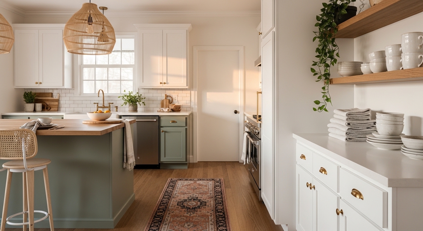 White and sage kitchen with brass hardware, rattan pendant, and terracotta runner