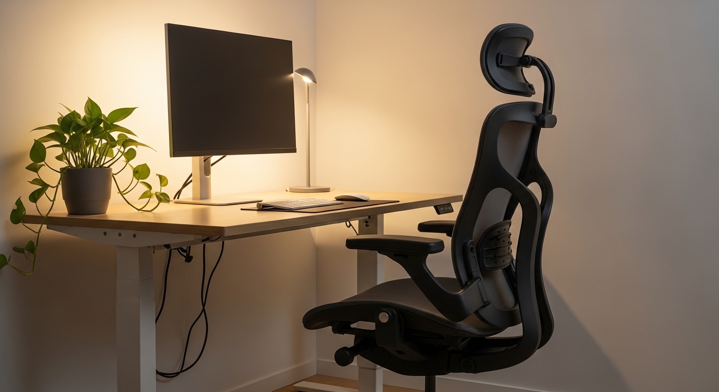 Ergonomischer Stuhl und höhenverstellbarer Schreibtisch