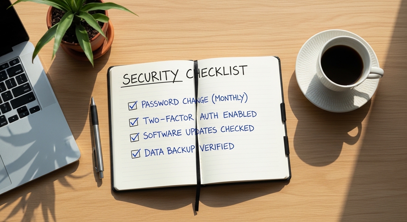 Lista de seguridad digital escrita en cuaderno sobre escritorio