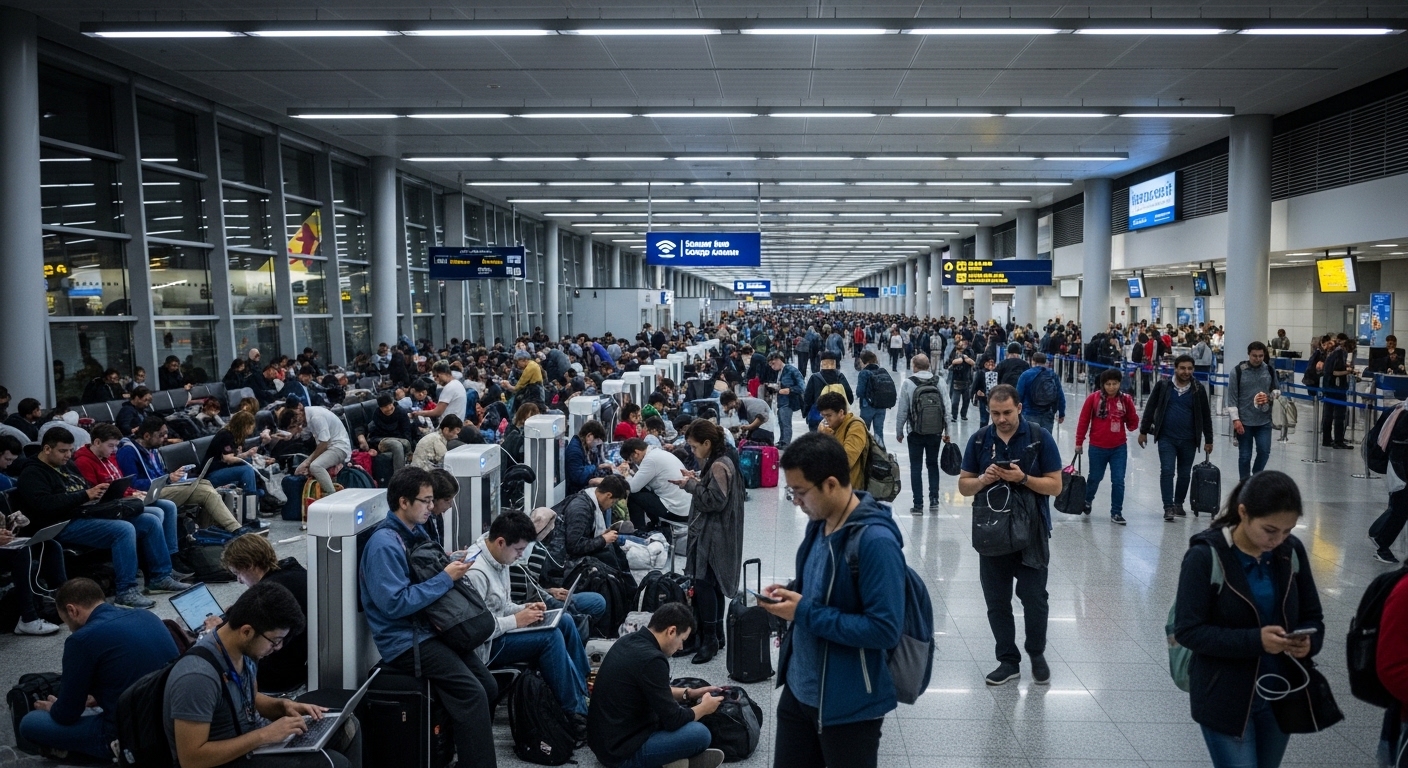 Personas usando WiFi público en aeropuerto concurrido