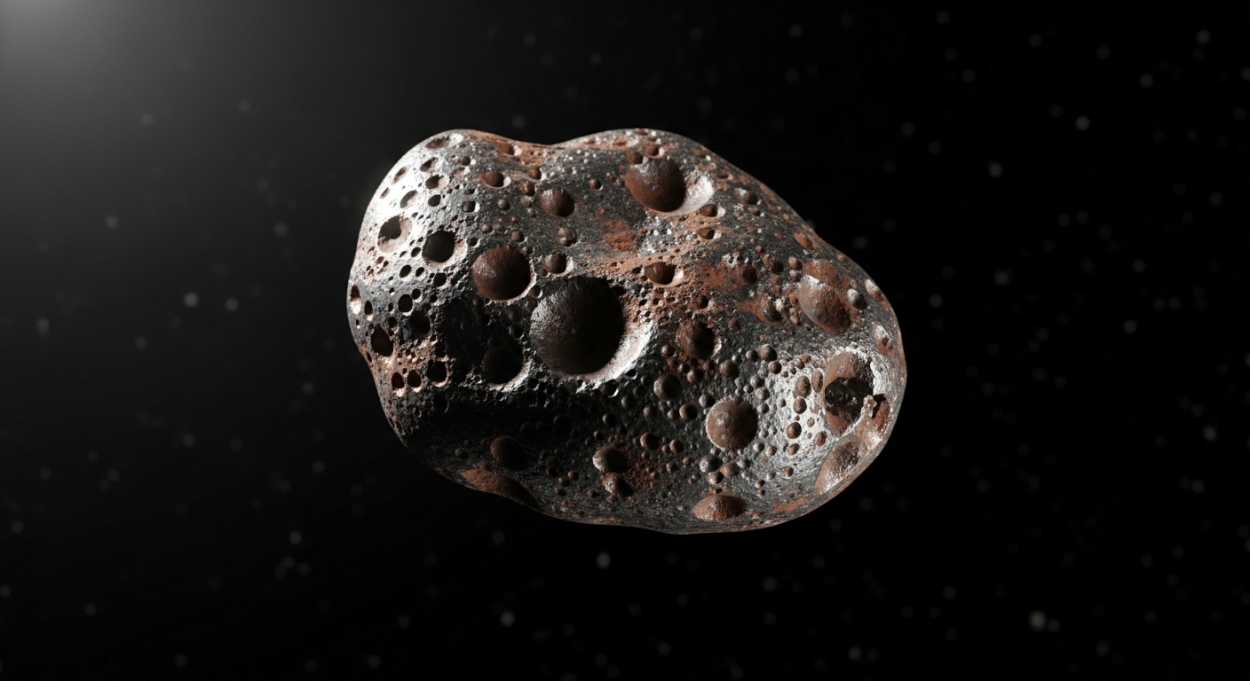 Fragmento metálico de detrito espacial com crateras de impacto