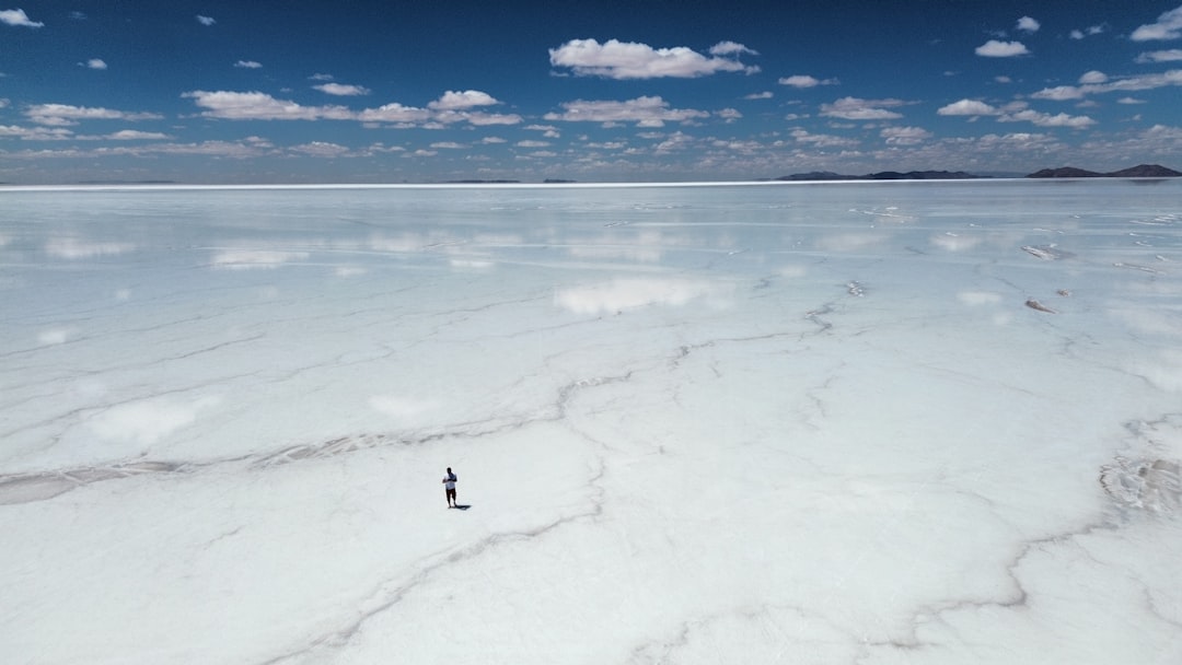Person standing on salt flat under vast streaked sky