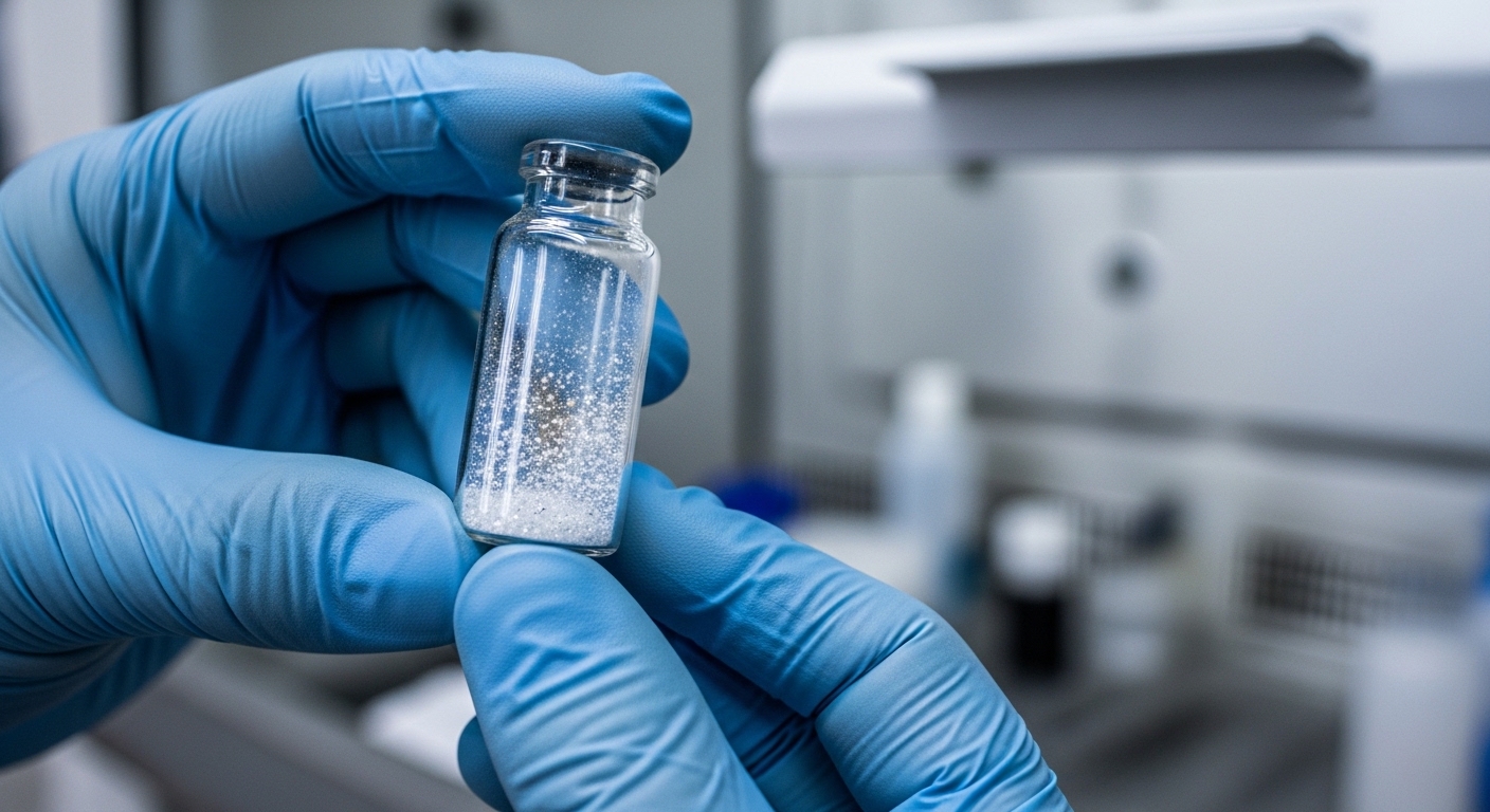 Scientist holding vial of reflective particles in lab