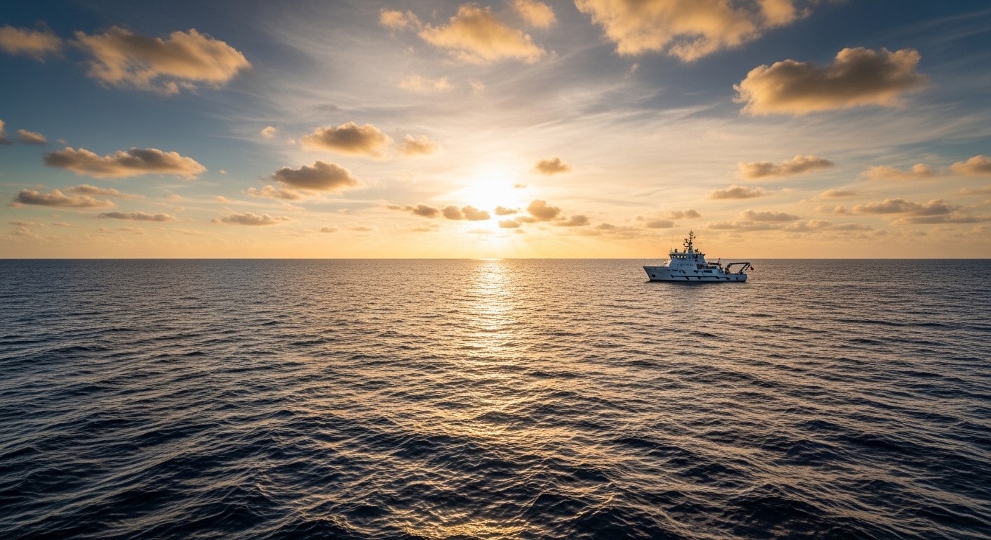 Research vessel on open ocean under cloudy sky