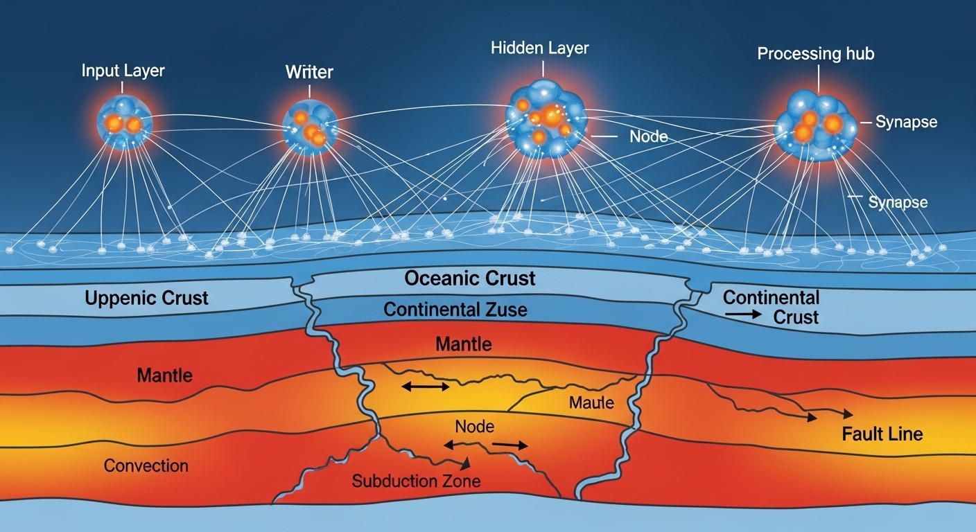 Neural network diagram overlaid on tectonic plate cross-section