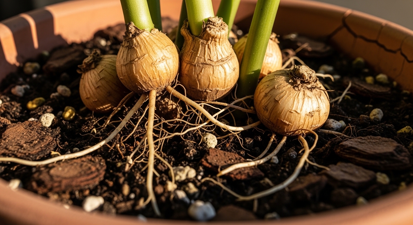 ZZ plant rhizomes visible at soil surface in terracotta pot