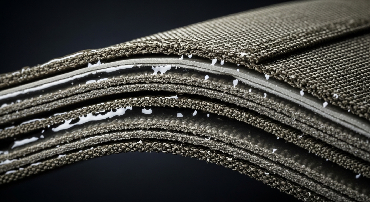 Cross-section of flexible body armor with fluid