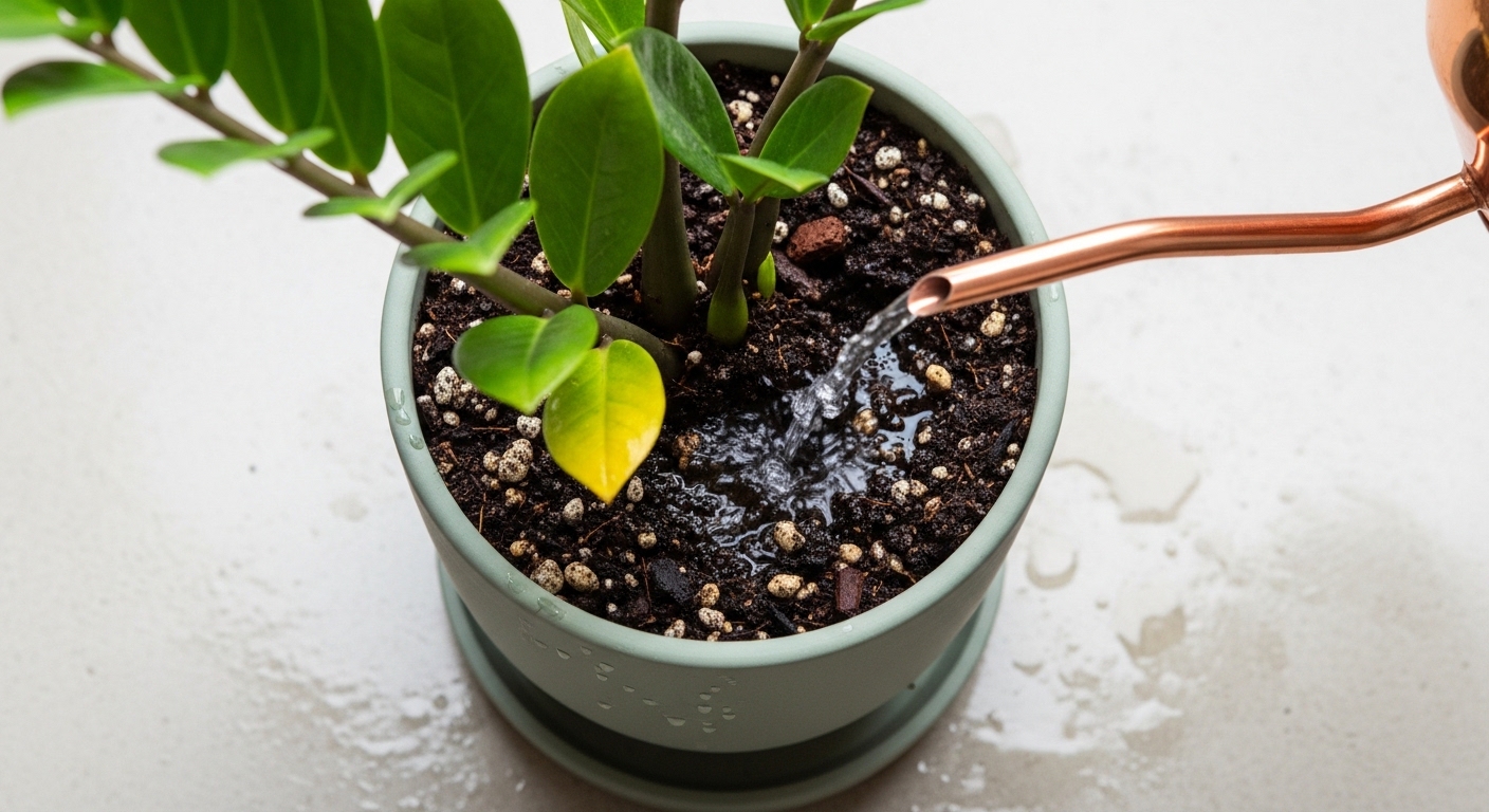 Watering ZZ plant with copper can, overhead flat lay view