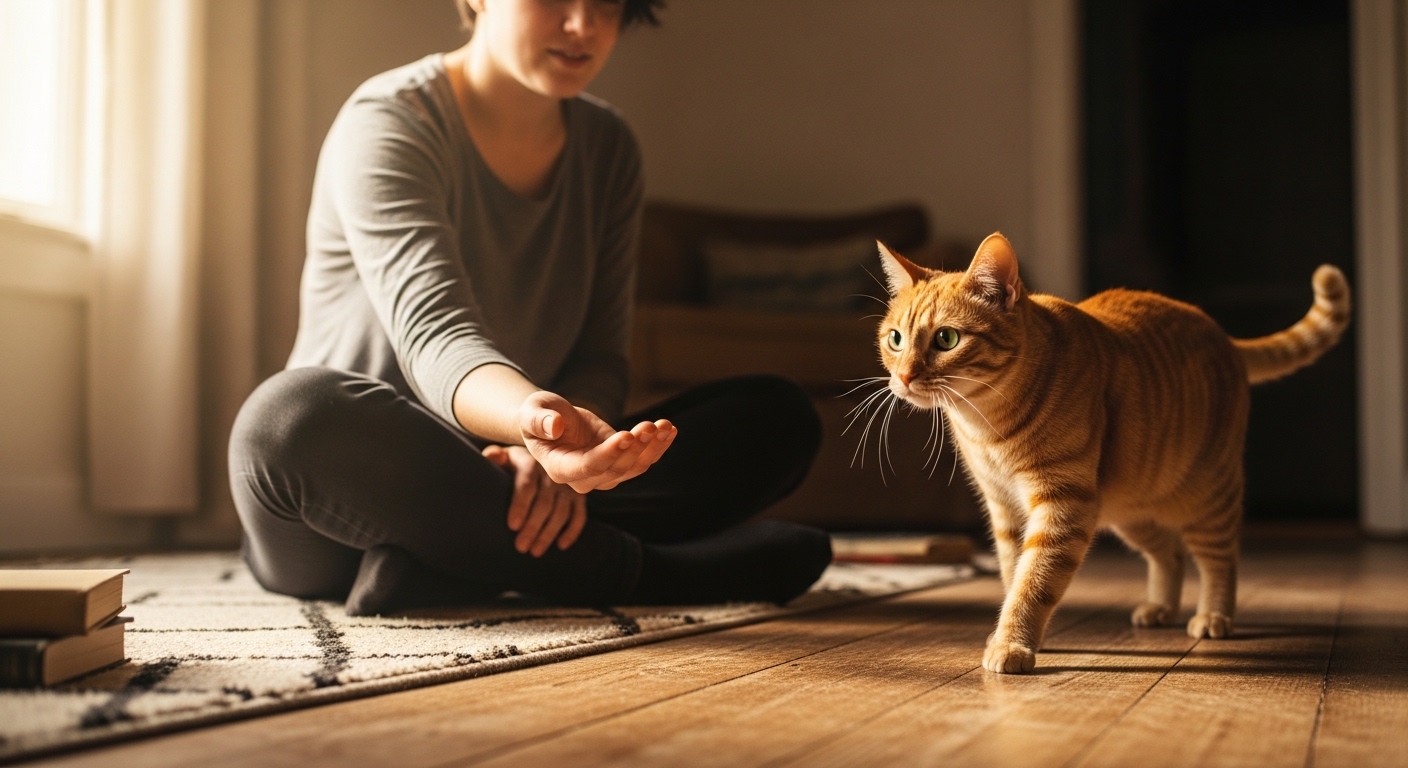 person on floor offering hand to cautious orange cat approaching