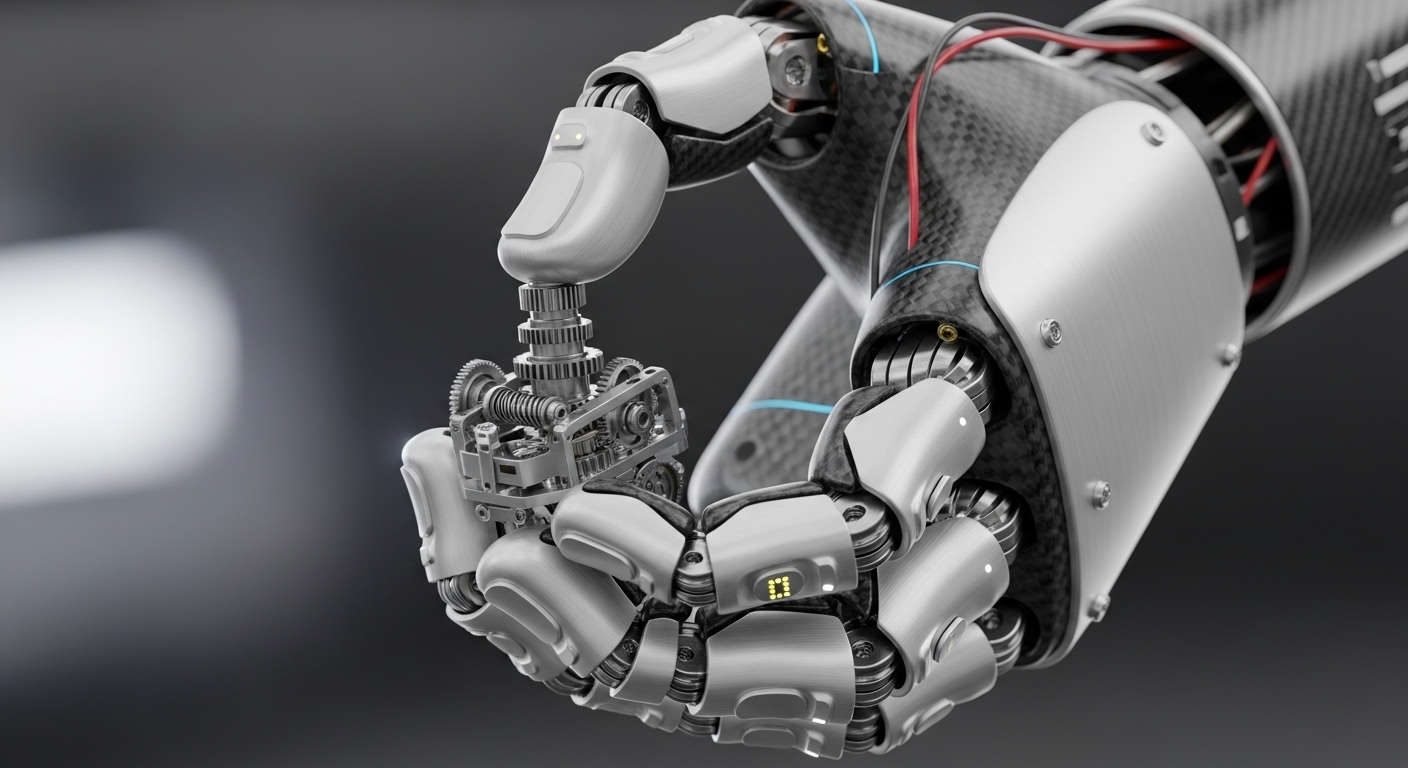 ロボットの精巧な手が部品を把持するクローズアップ