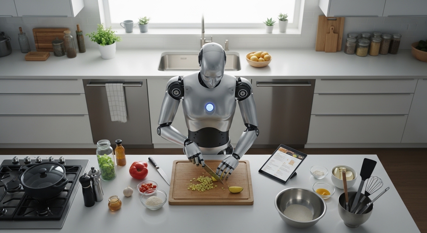 家庭のキッチンで作業するヒューマノイドロボットの俯瞰