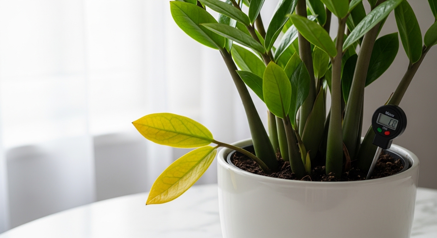 ZZ plant with yellowing lower leaves in white ceramic pot