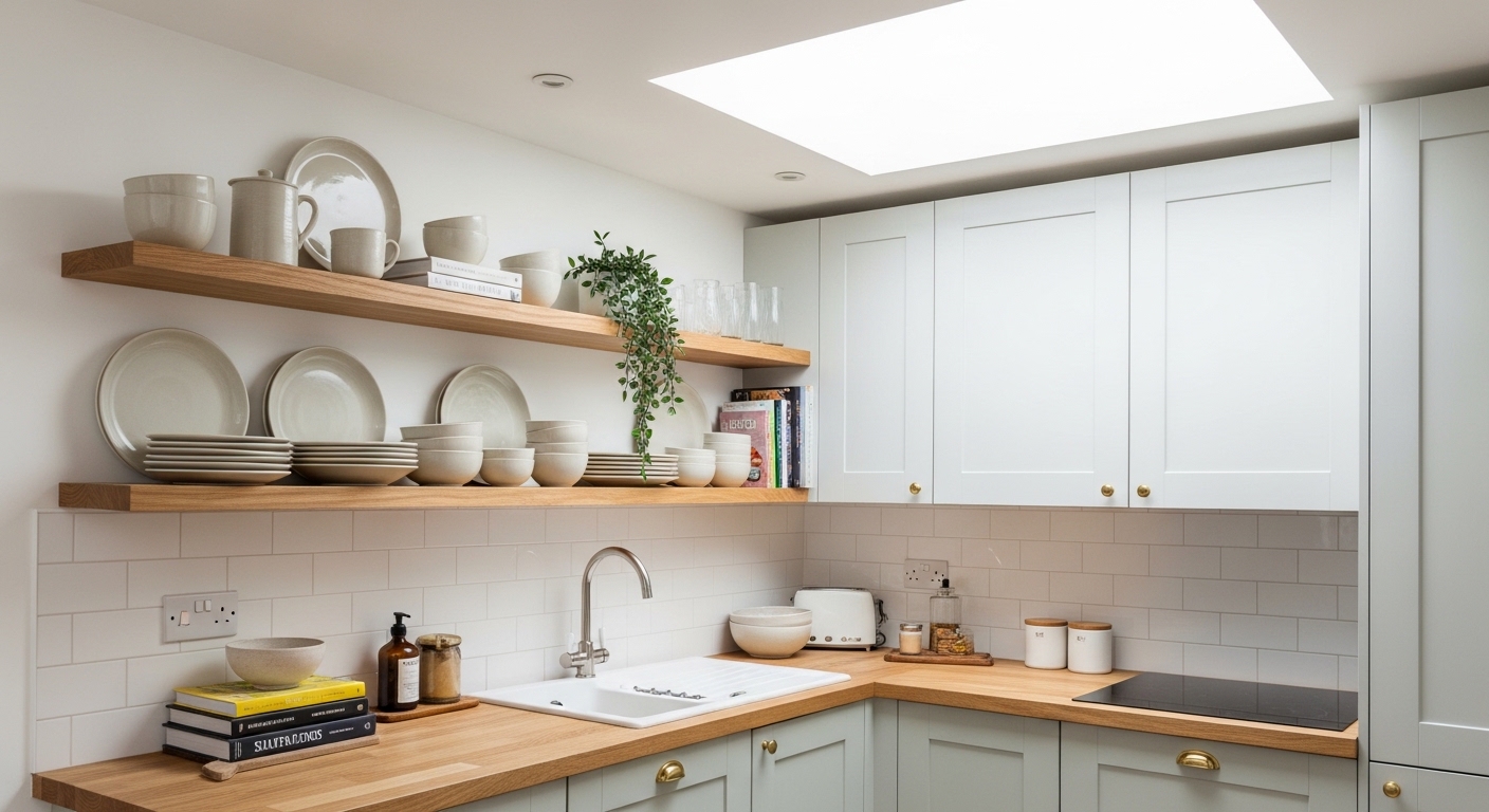 Small apartment kitchen mixing open shelves and closed white cabinets