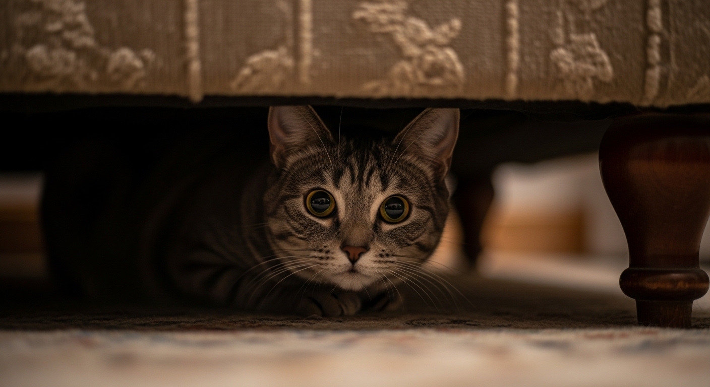 grey cat hiding under sofa with wide alert eyes