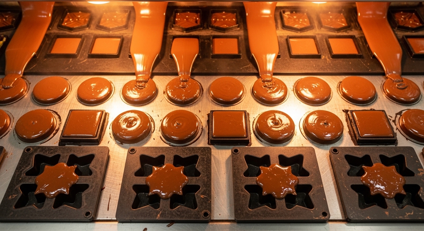 Chocolate flowing through factory molds