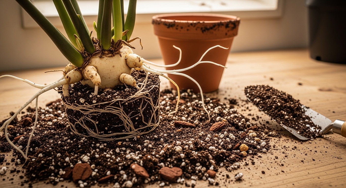 ZZ plant rhizomes exposed during repotting on wooden bench