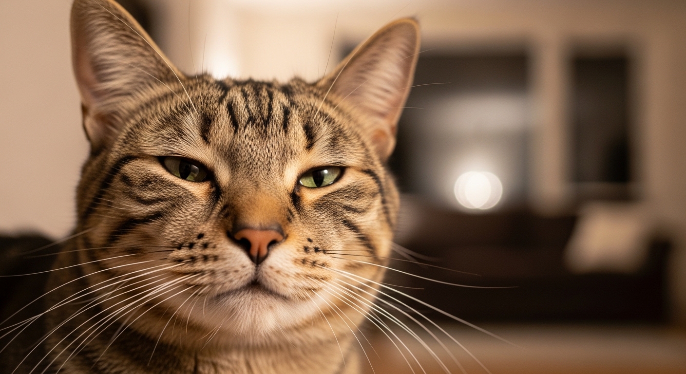 close-up of relaxed domestic cat with half-closed eyes indoors