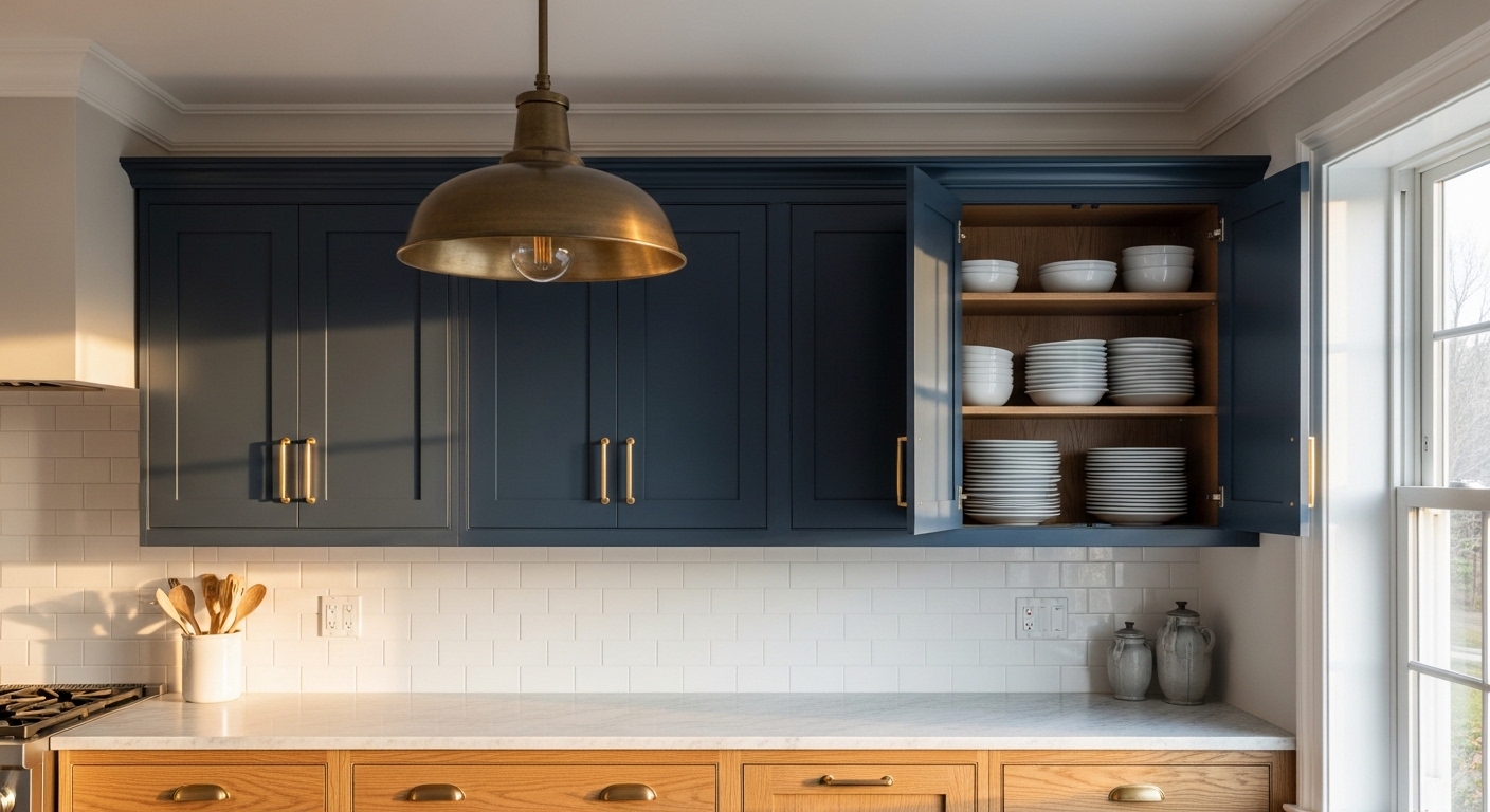 Navy blue upper cabinets with gold hardware and marble countertop kitchen