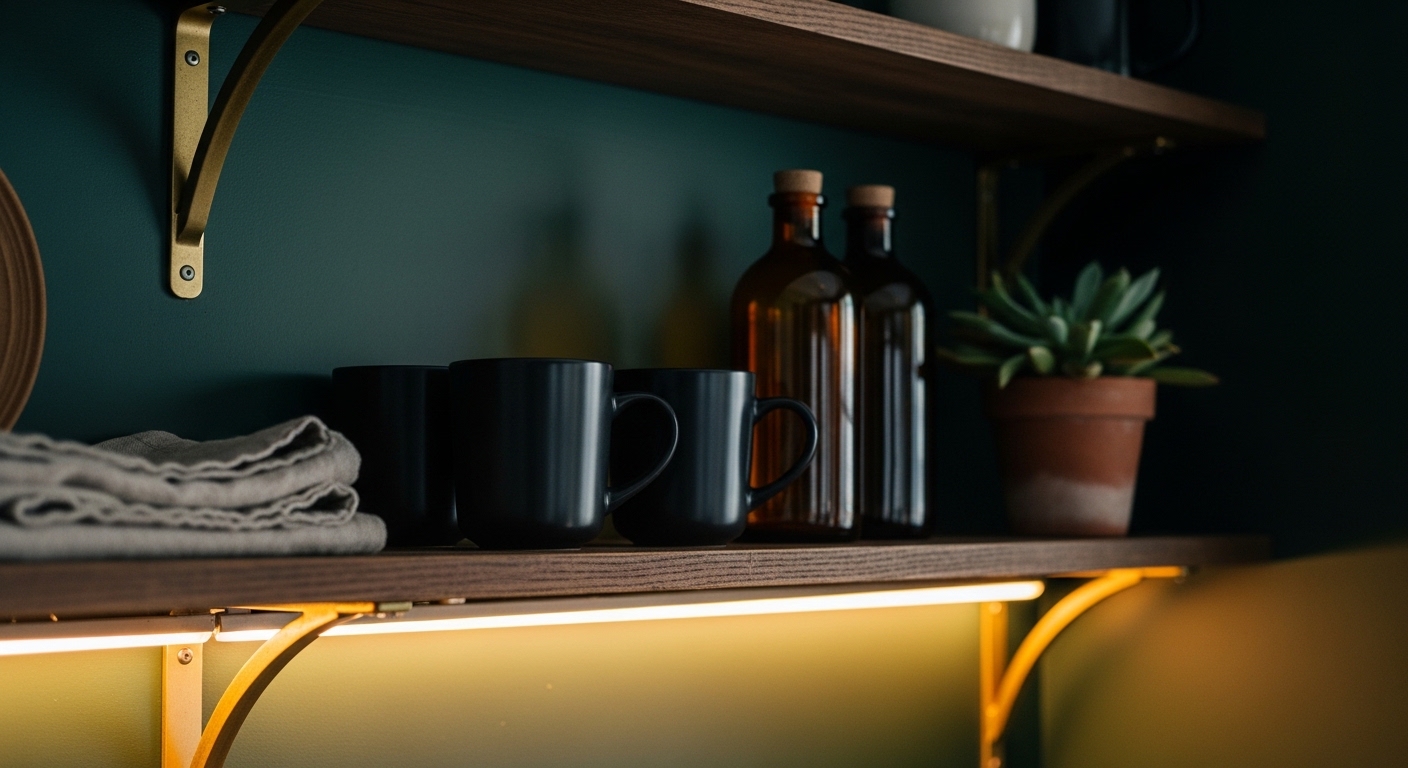 Close-up of dark green kitchen shelves with brass brackets and ceramics