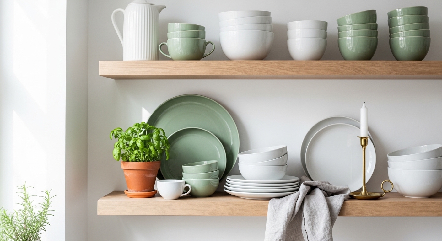 Scandinavian kitchen shelf styled with sage ceramics and a brass candlestick