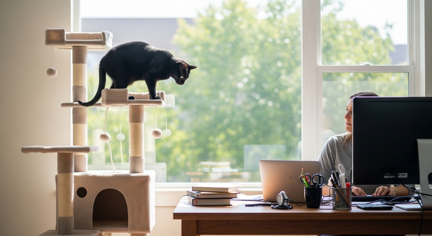 black cat on cat tree watching owner work at desk below