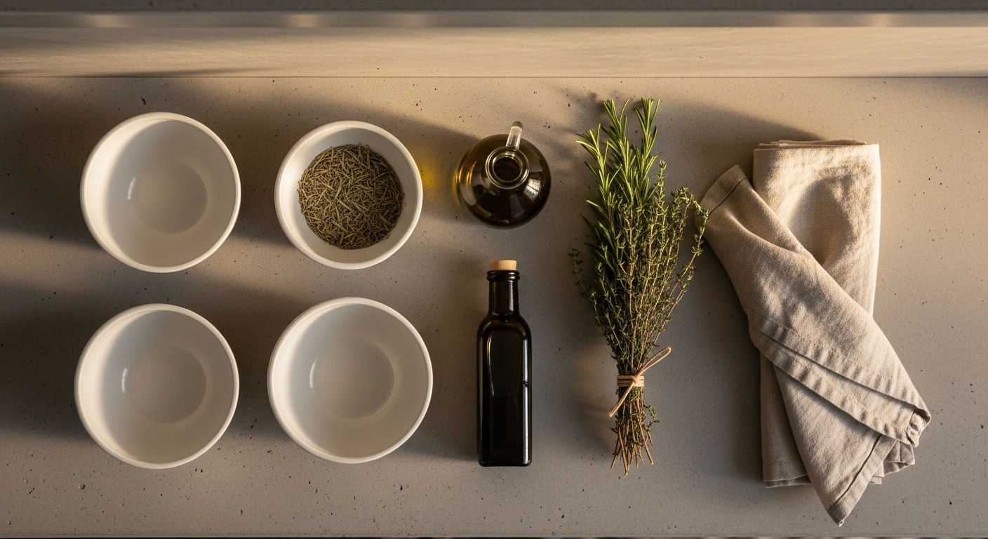 Overhead view of a styled kitchen shelf with stoneware and dried herbs