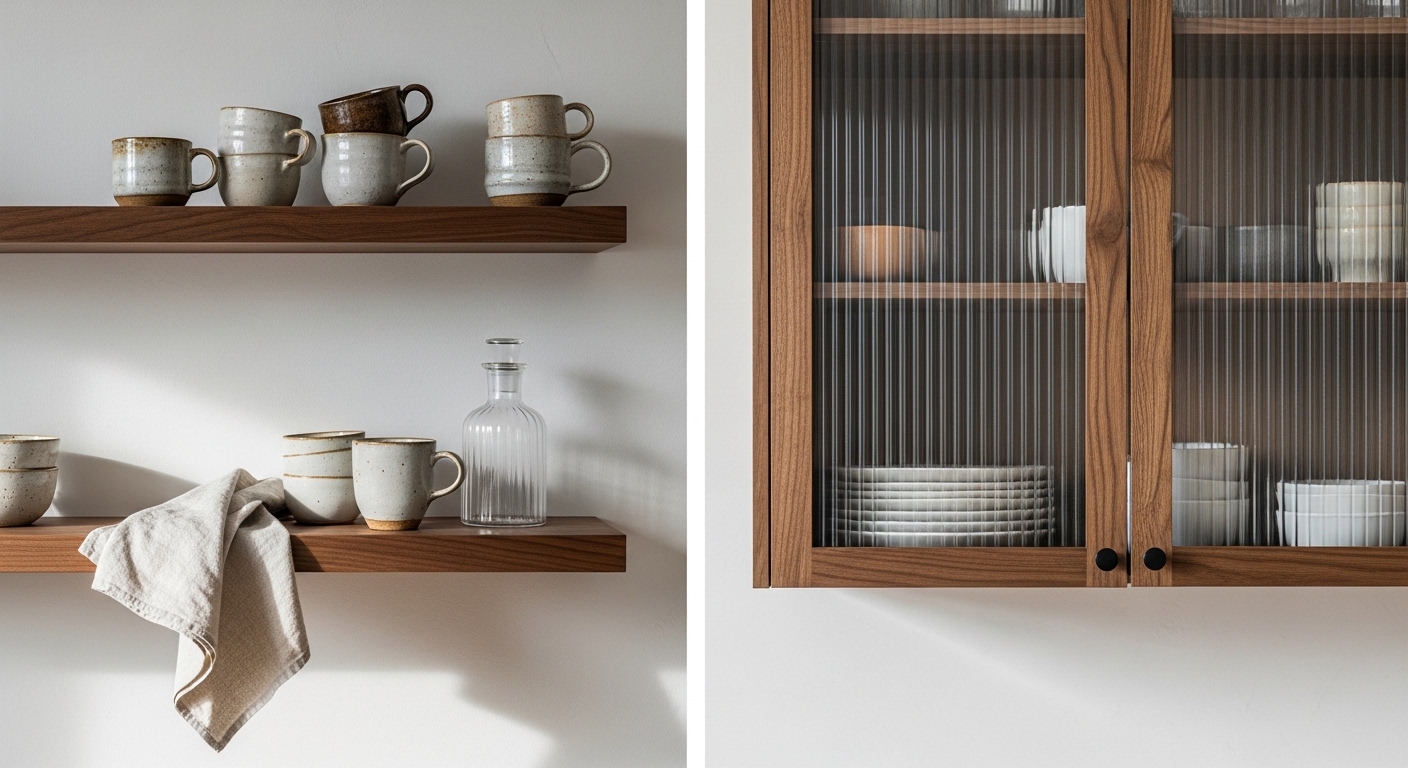 Hybrid kitchen wall with open walnut shelves beside a fluted glass cabinet