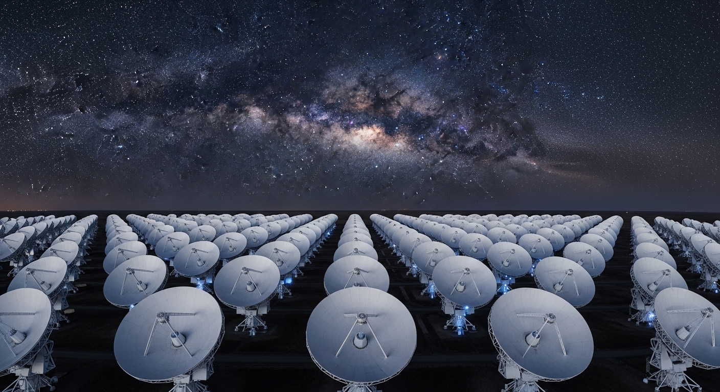 Radio telescope array pointed at night sky