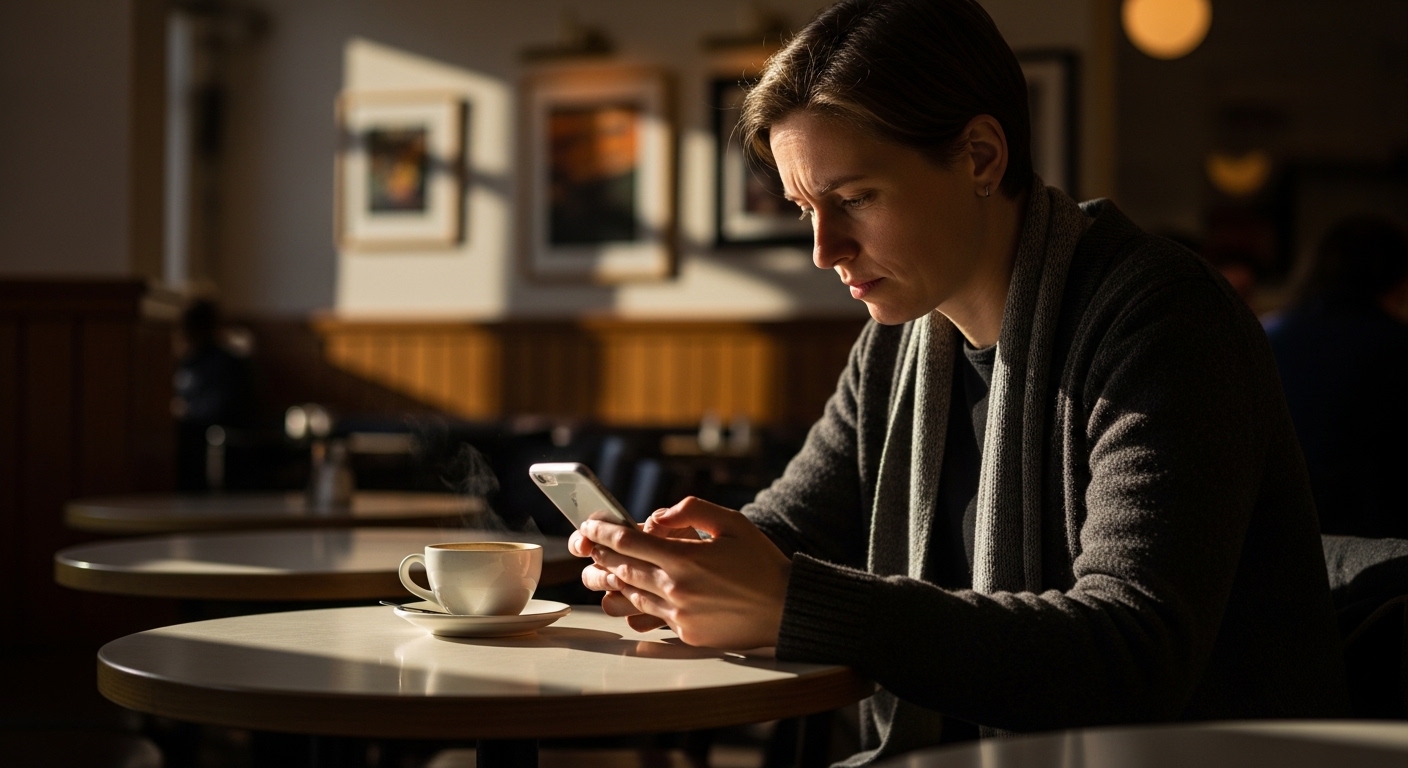 Person reviewing smartphone storage settings at cafe