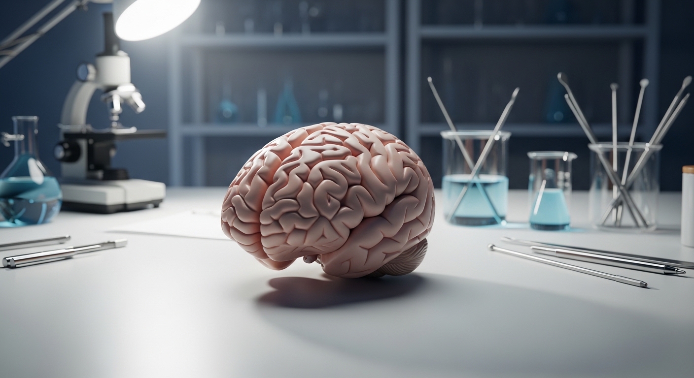 Modèle de cerveau humain sur une table de laboratoire