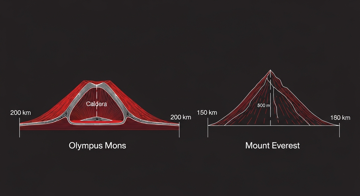 Perfil comparativo do Olympus Mons versus o Monte Everest em seção transversal