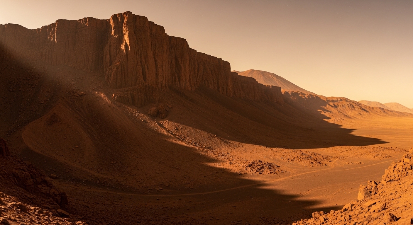 Escarpa rochosa na base do Olympus Mons, parede vertical de vários quilômetros