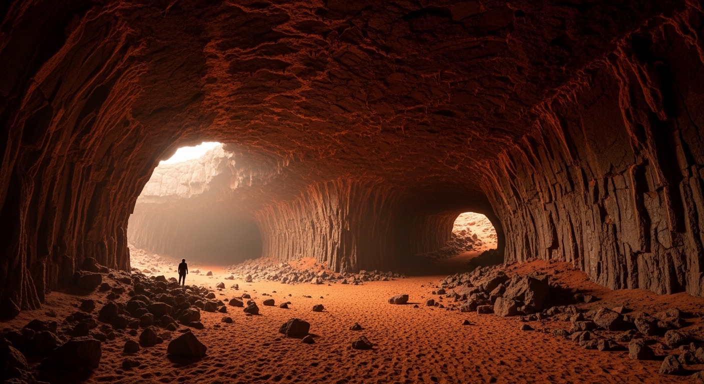 Interior de um tubo de lava marciano, possível abrigo para exploradores humanos